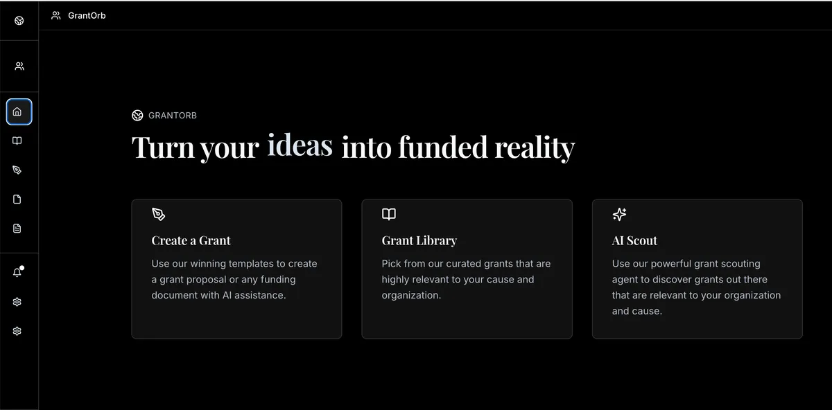 GrantOrb AI-powered grant consultant dashboard showing Create a Grant, Grant Library, and AI Scout