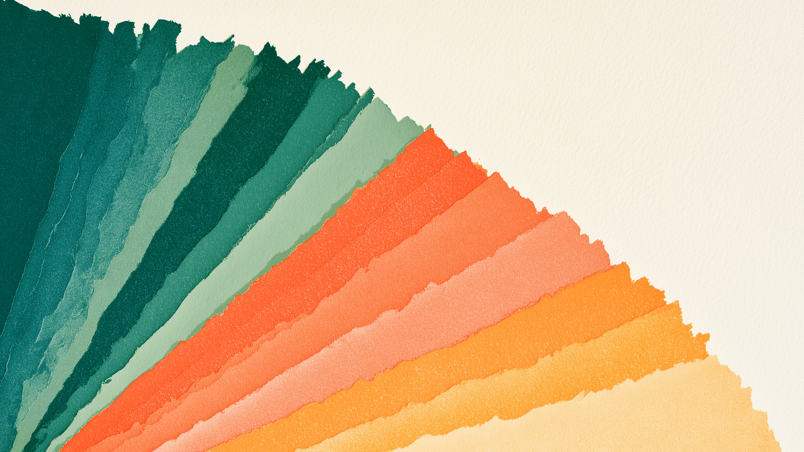 Risograph print: a fan of torn-edged paper layers radiating from the lower left across warm cream paper, sweeping from deep teal and sage greens through coral and sunset orange into marigold and gold