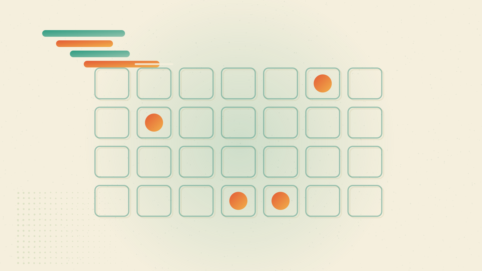 Risograph print: a teal calendar grid with sunset-orange dots marking scattered dates