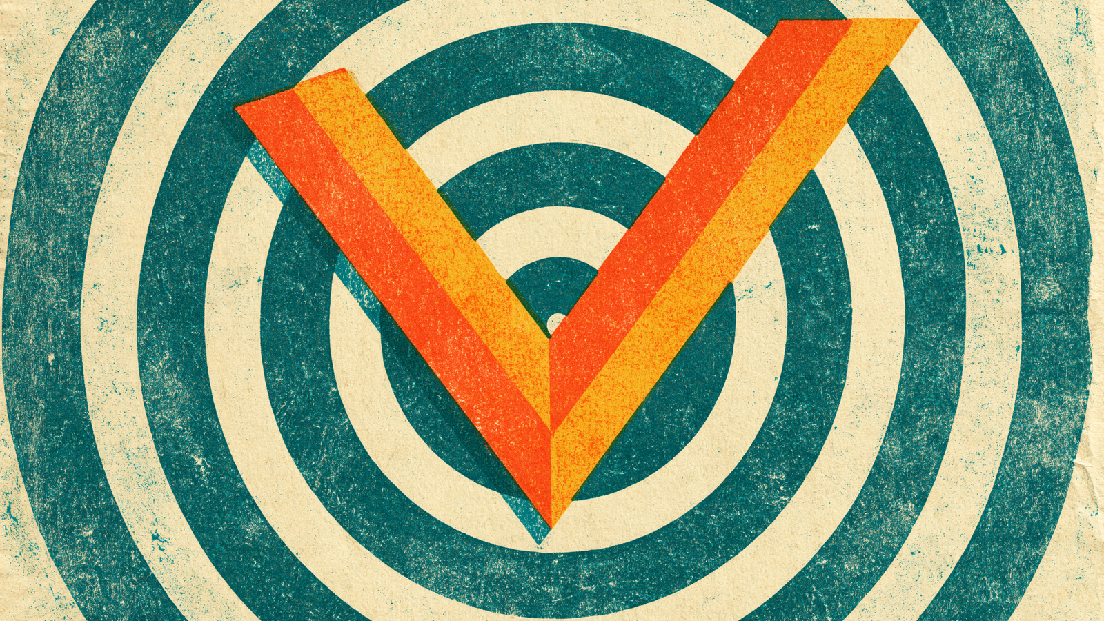 Risograph print: a bold sunset-orange checkmark landing dead-center on a teal concentric-ring bullseye on cream paper