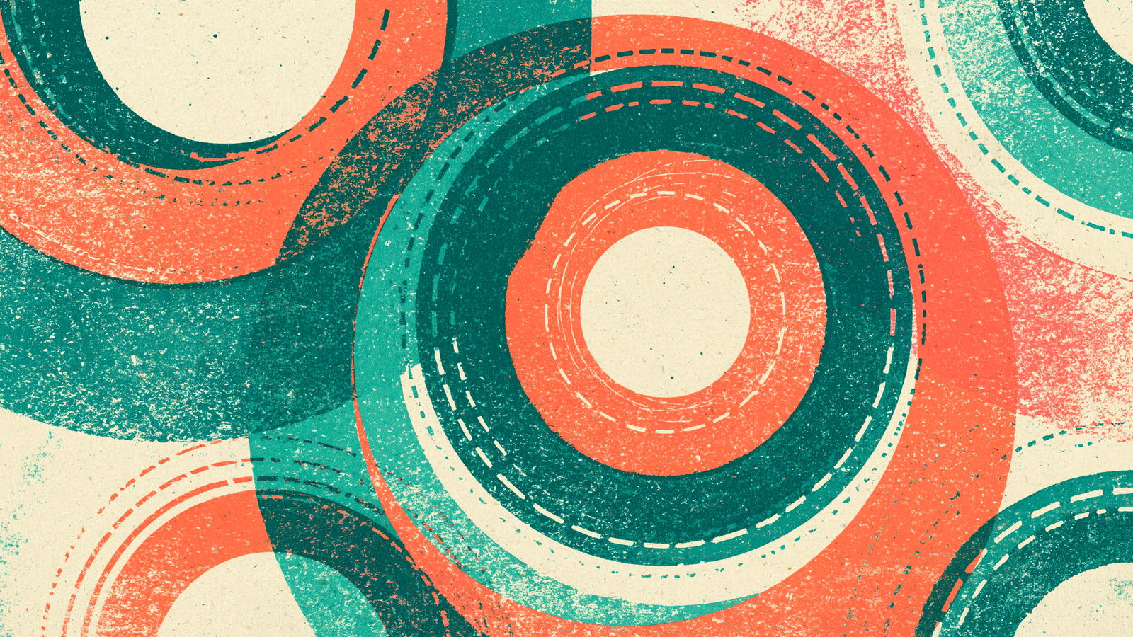 Risograph print: concentric teal and sunset-orange radar rings closing on a bright cream center, like a match locking into focus