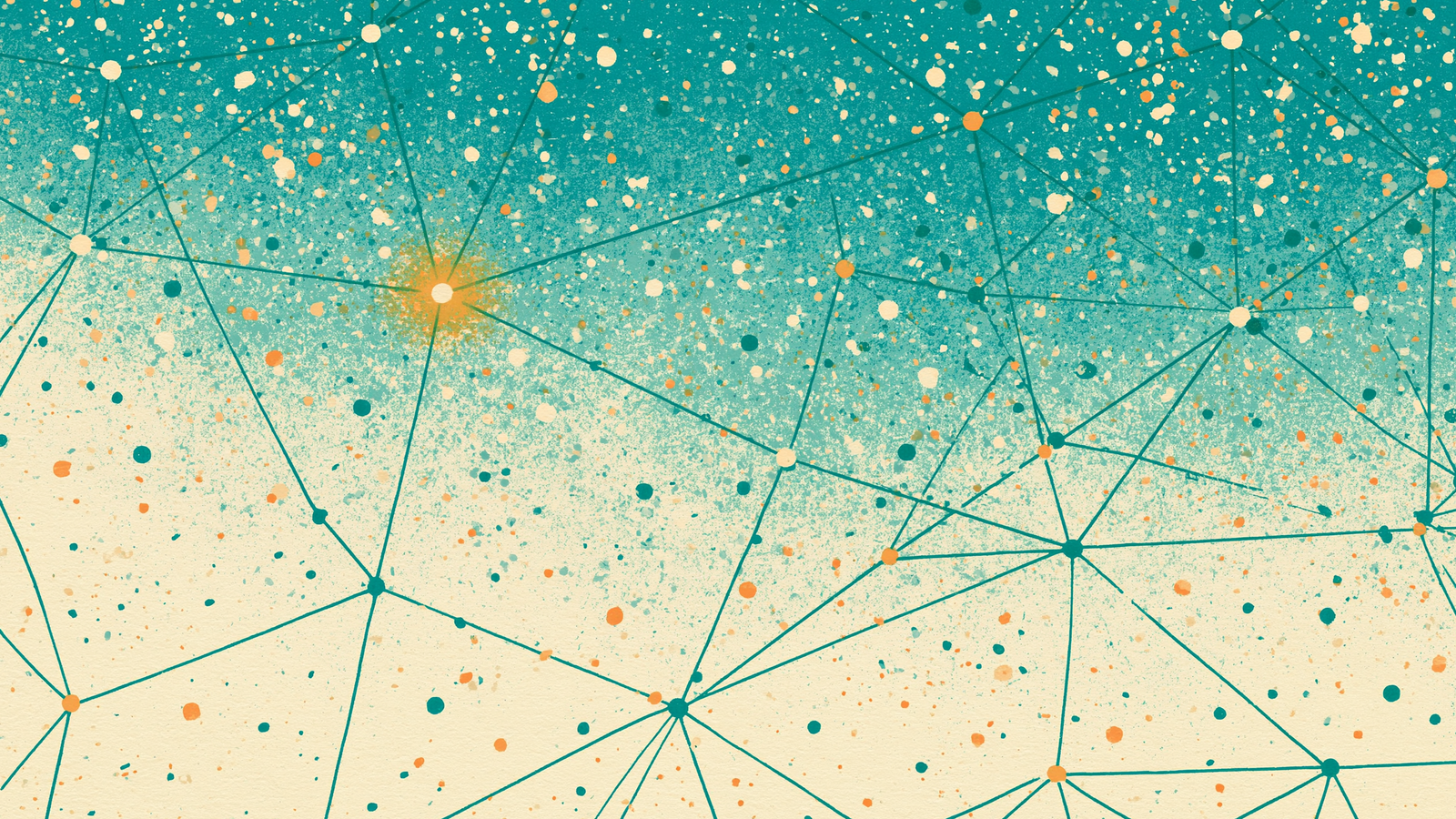 Risograph print: a teal constellation of nodes joined by thin lines across a gradient sky, one marigold hub glowing