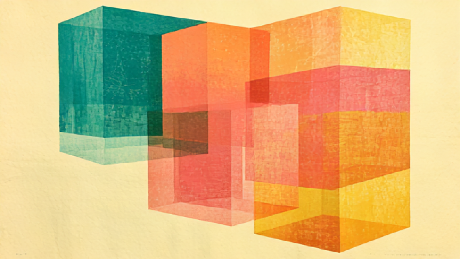 Risograph print: overlapping translucent cubes in teal, sunset orange, coral and marigold on warm cream paper, resolving into one composition — many surfaces, one brand