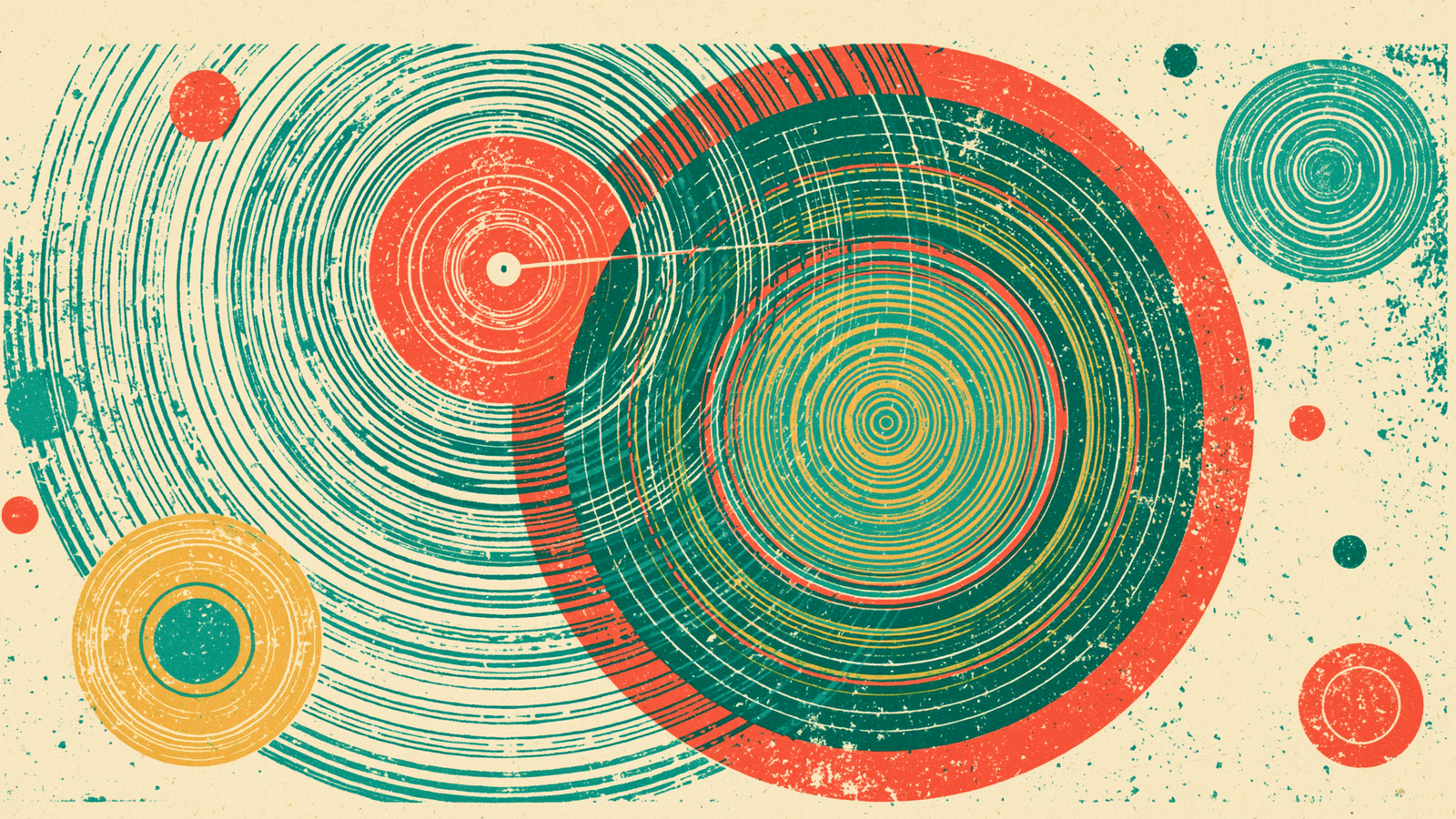 Risograph print: a coral concentric ring-target joined by a fine printed thread to a large teal-and-gold target — two systems establishing a connection
