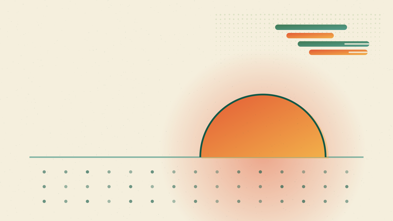 Risograph print: a small teal schoolhouse shape under tall sage-and-gold evergreens