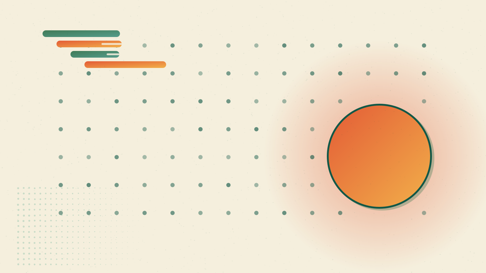 Risograph print: seven small sunset-orange fires arranged in a circle on deep teal ground