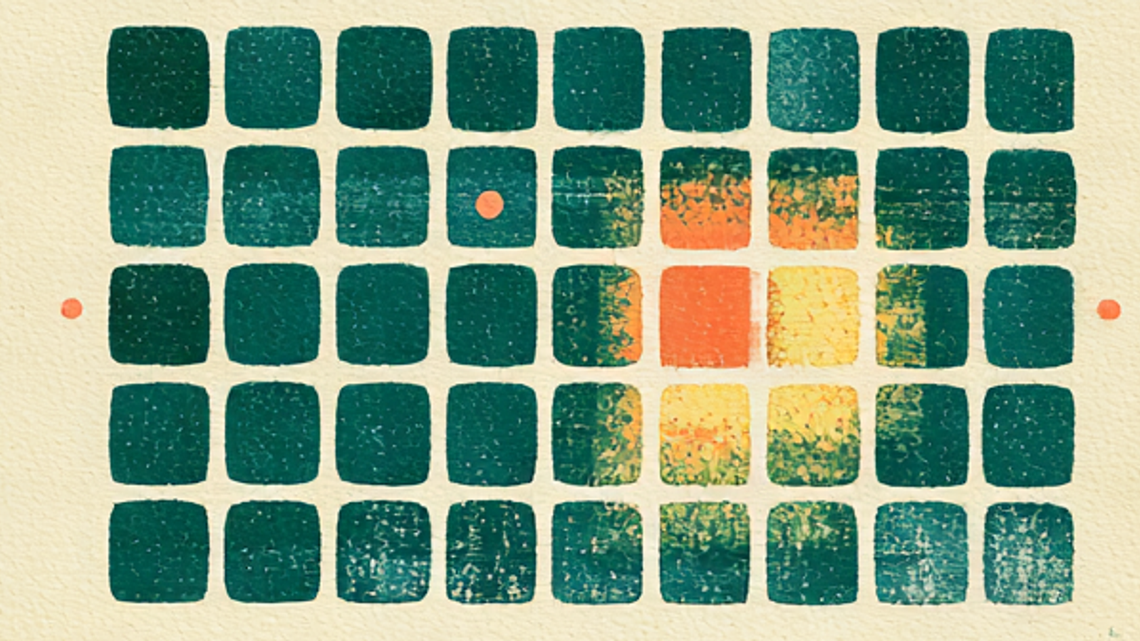 Risograph print: a grid of teal tiles, most quiet with a cluster in the middle glowing awake in sunset-orange and gold, and two small coral alert dots at the sides, on cream paper