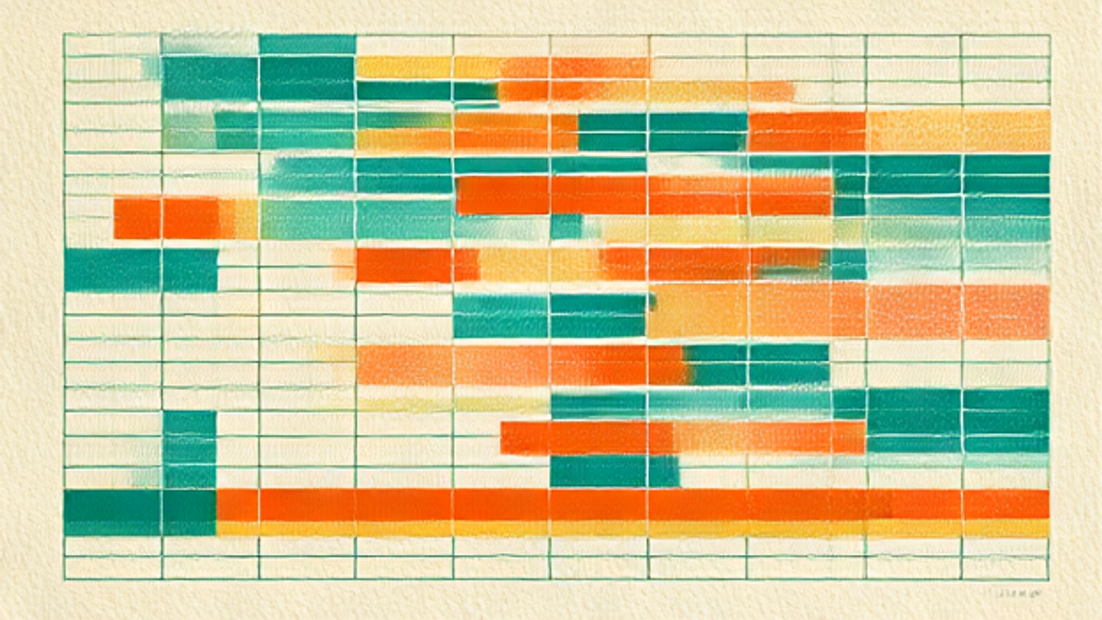 Risograph print: a spreadsheet grid filled with teal, sunset-orange and gold amount bars across the rows, a bold orange total row running along the bottom, on warm cream paper