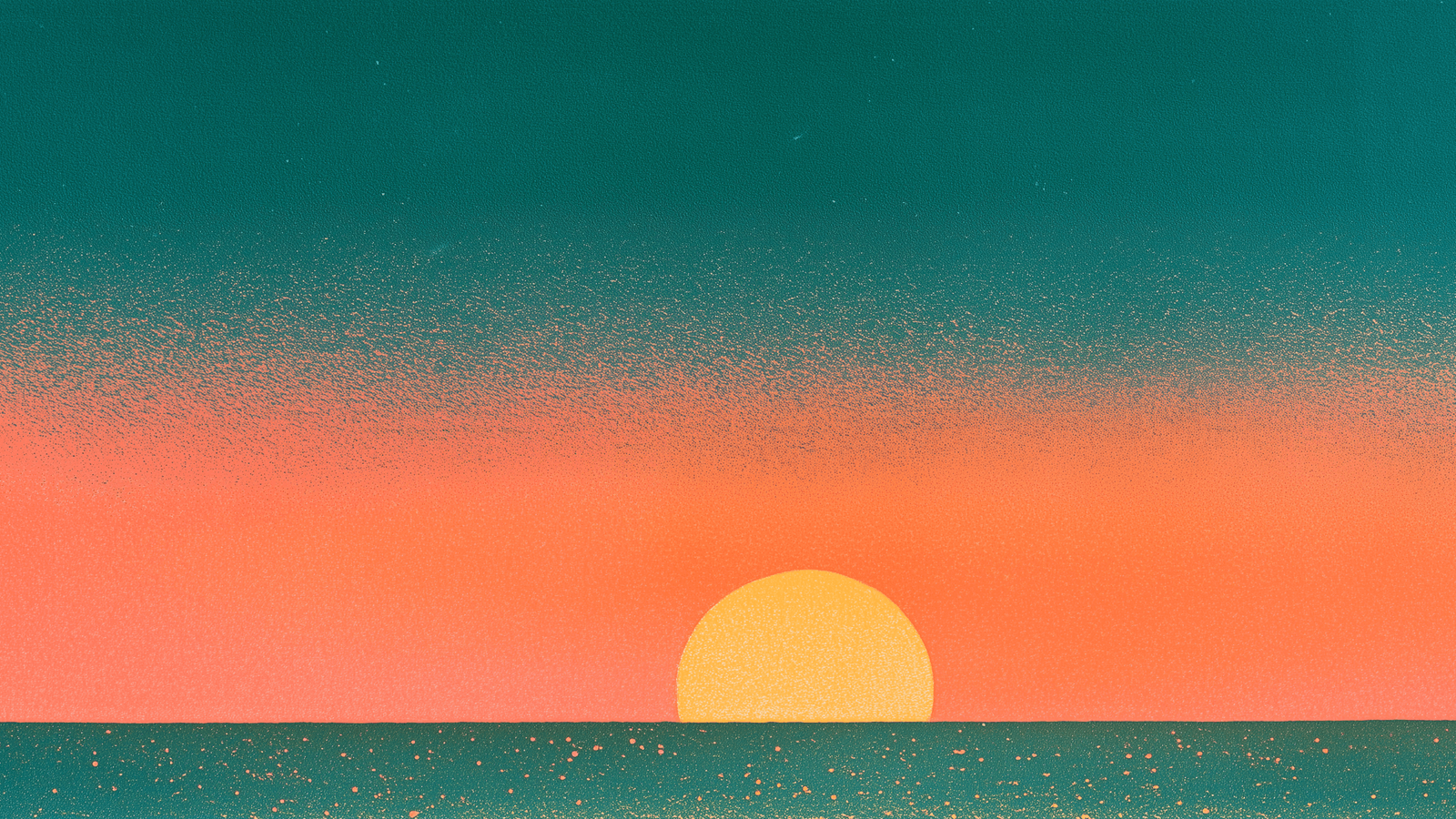 Risograph print: a deep teal sky fading through coral into a warm orange band, a pale yellow sun resting on a hard teal horizon line, with gold and coral speckle scattered across the water below