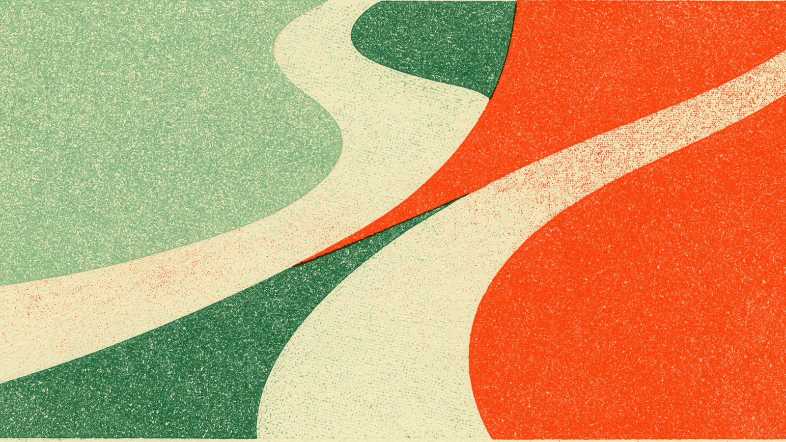 Risograph print: two curving paths meeting at a central pinch, a calm green field on one side and a bold sunset-orange field on the other