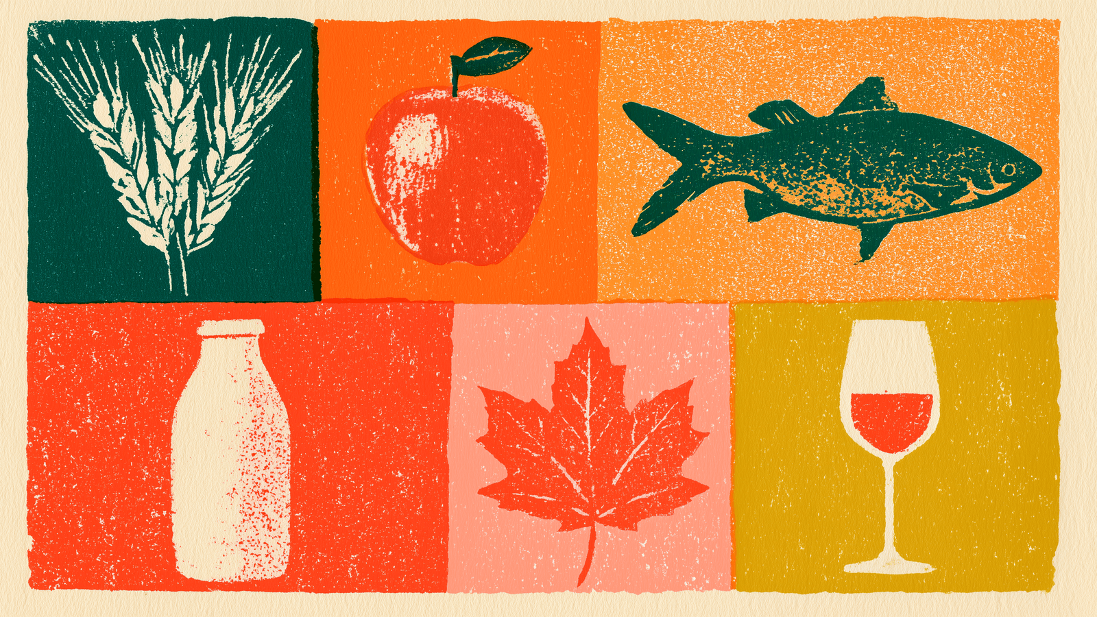 Risograph print: a grid of solid colour blocks, each holding a stamped harvest icon — wheat, apple, fish, milk bottle, maple leaf, wine glass — on warm cream paper