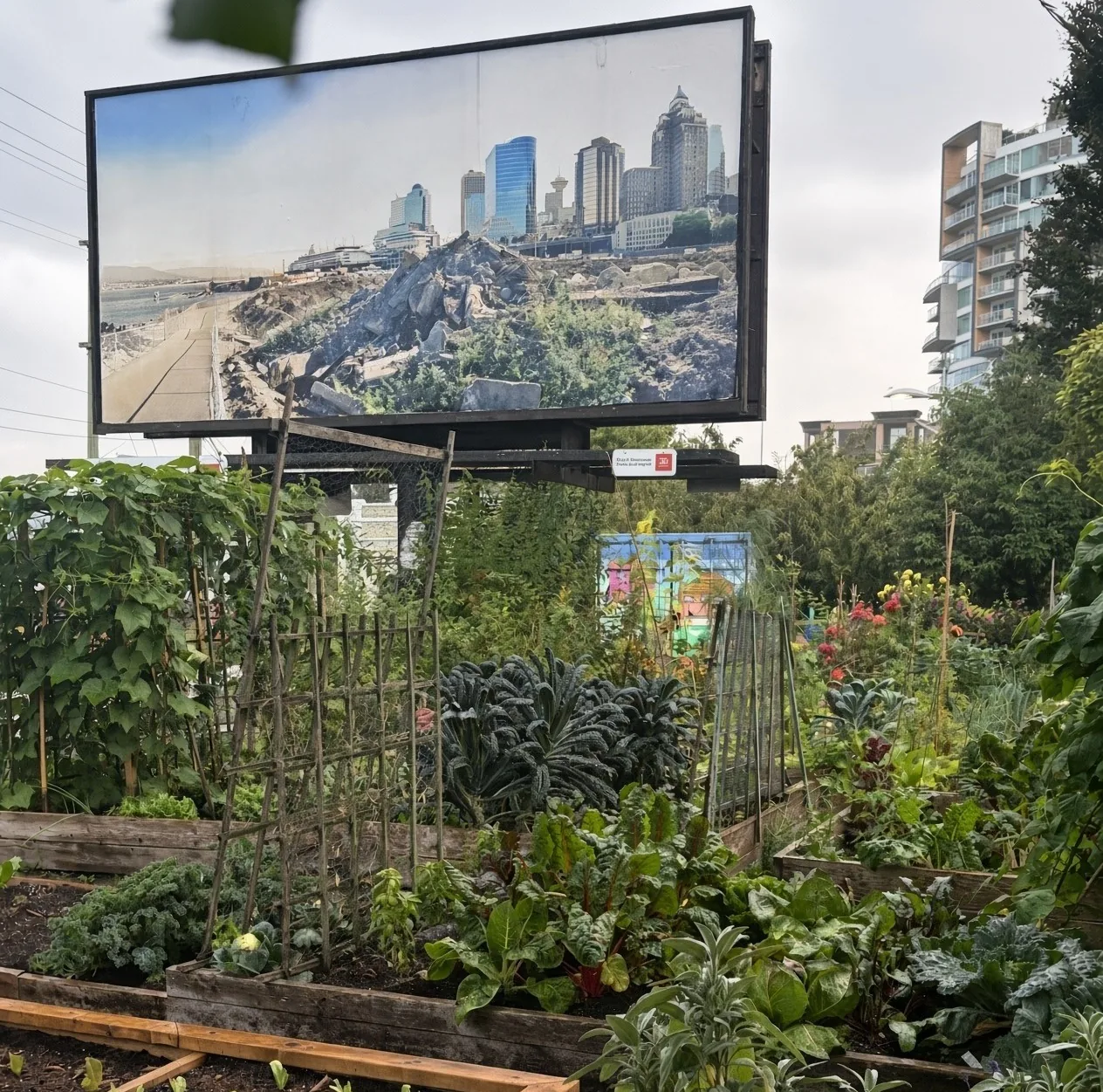 Raised garden beds of kale, chard and climbing beans growing beneath a large billboard photograph of a downtown skyline