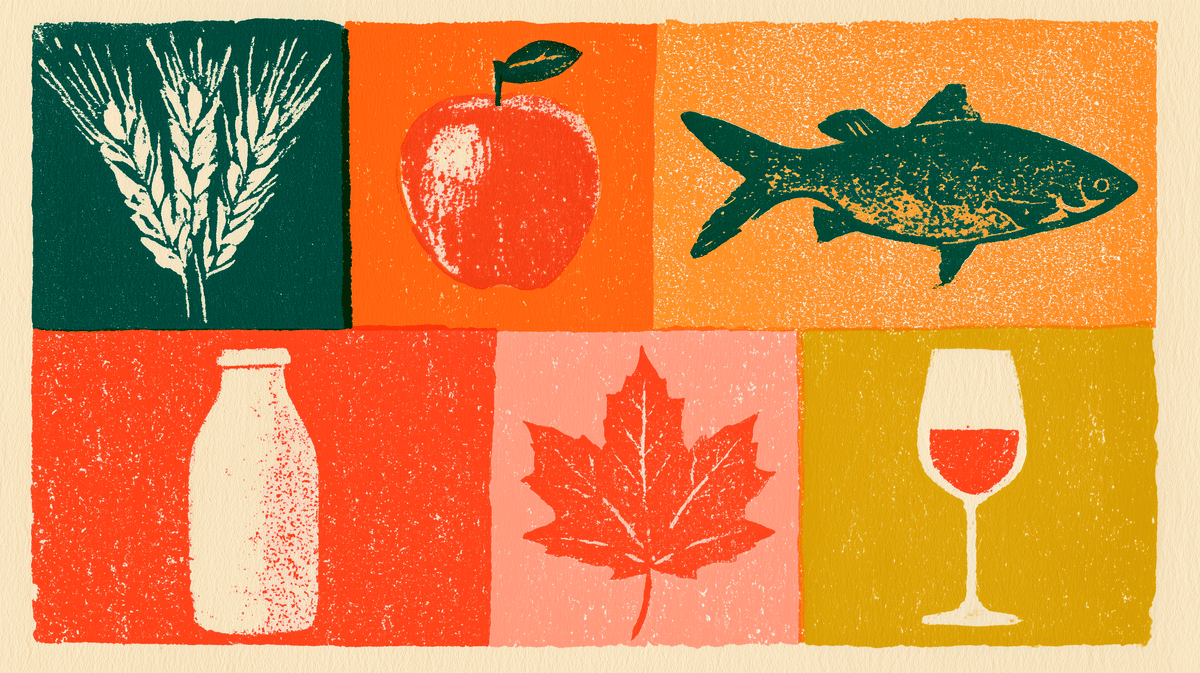 Risograph print of Canadian staples — wheat, an apple, a fish, a milk bottle, a maple leaf, and a glass of wine