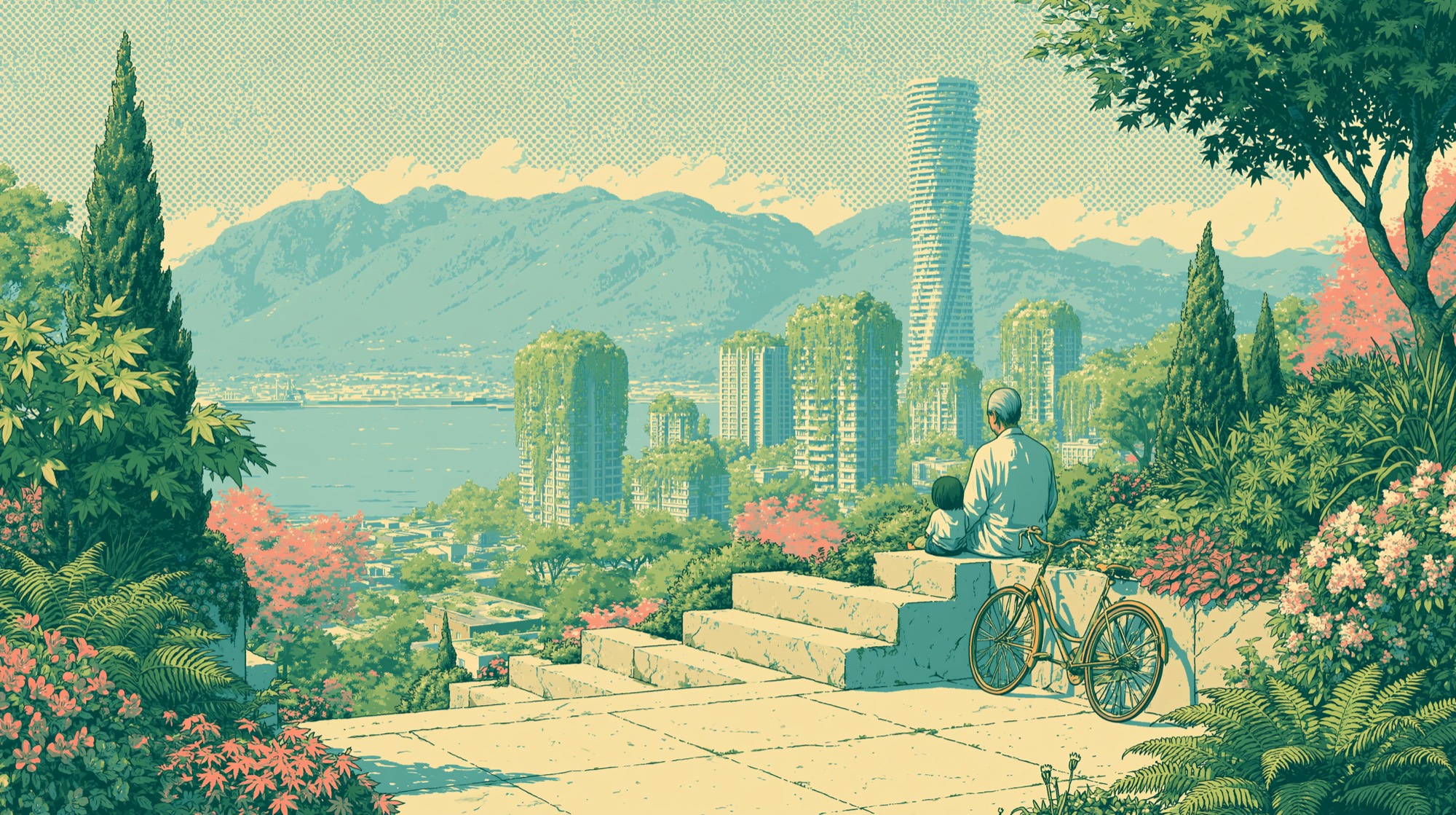 Illustrated view over a green, solarpunk Vancouver — towers wrapped in plants with mountains and the sea beyond, an elder and child resting on terrace steps beside a bicycle.